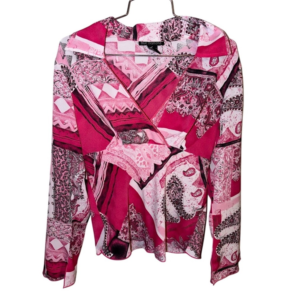 Blue Diamond Womens Pink Paisley Patchwork V-Neck Long Sleeve Blouse Size S